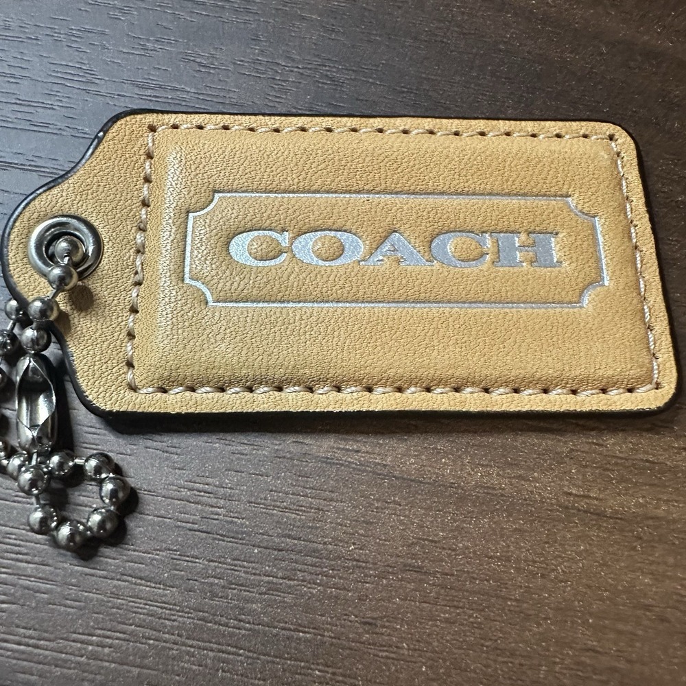 Coach Fob Hang Tag Tan Leather Silver Chain 3.0inch Large Silver Lettering